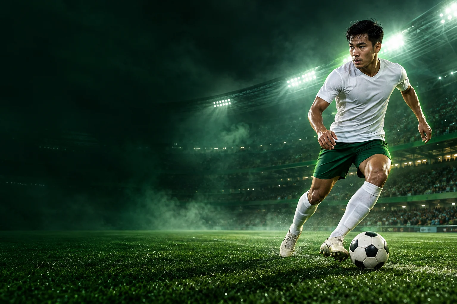Football player in a white kit on an emerald-lit stadium pitch